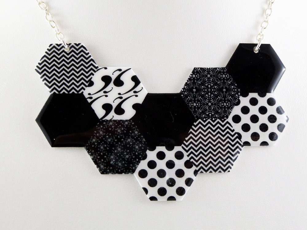 Honeycomb Necklace - Black White - Geometric - Made to Order