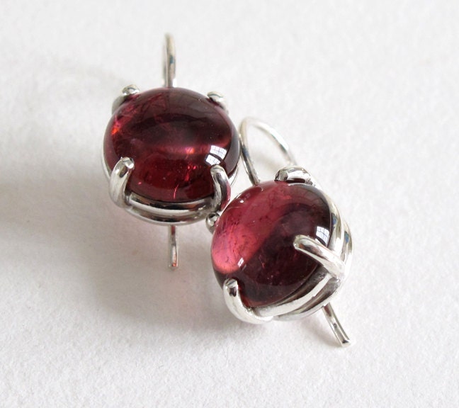 Red Tourmaline Cabochon Earrings Sterling Silver