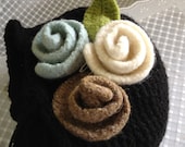 Crochet Hat , Black Hat with  Felted  Roses, Cloche Hat . Flapper black hat with Felted  Roses