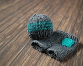 Newborn Prop Boy Shorts & Beanie Set - Grey and Aqua, Newborn Photo Prop, Handmade Knit Baby Boy, Newborn Pant Set, Baby Boy Beanie Set