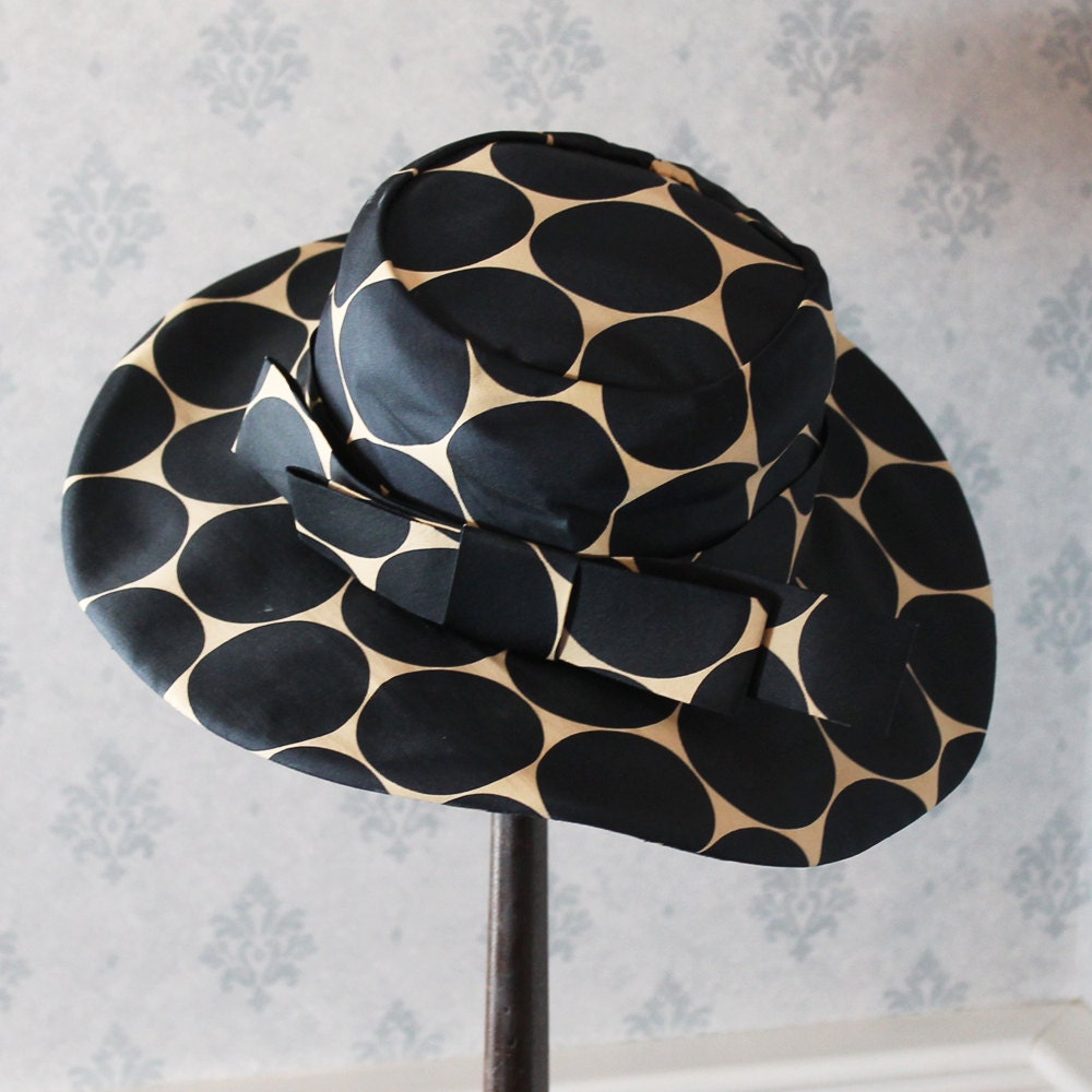 Vintage Emme Boutique 1960s Satin Black and Ivory Polka Dot Hat