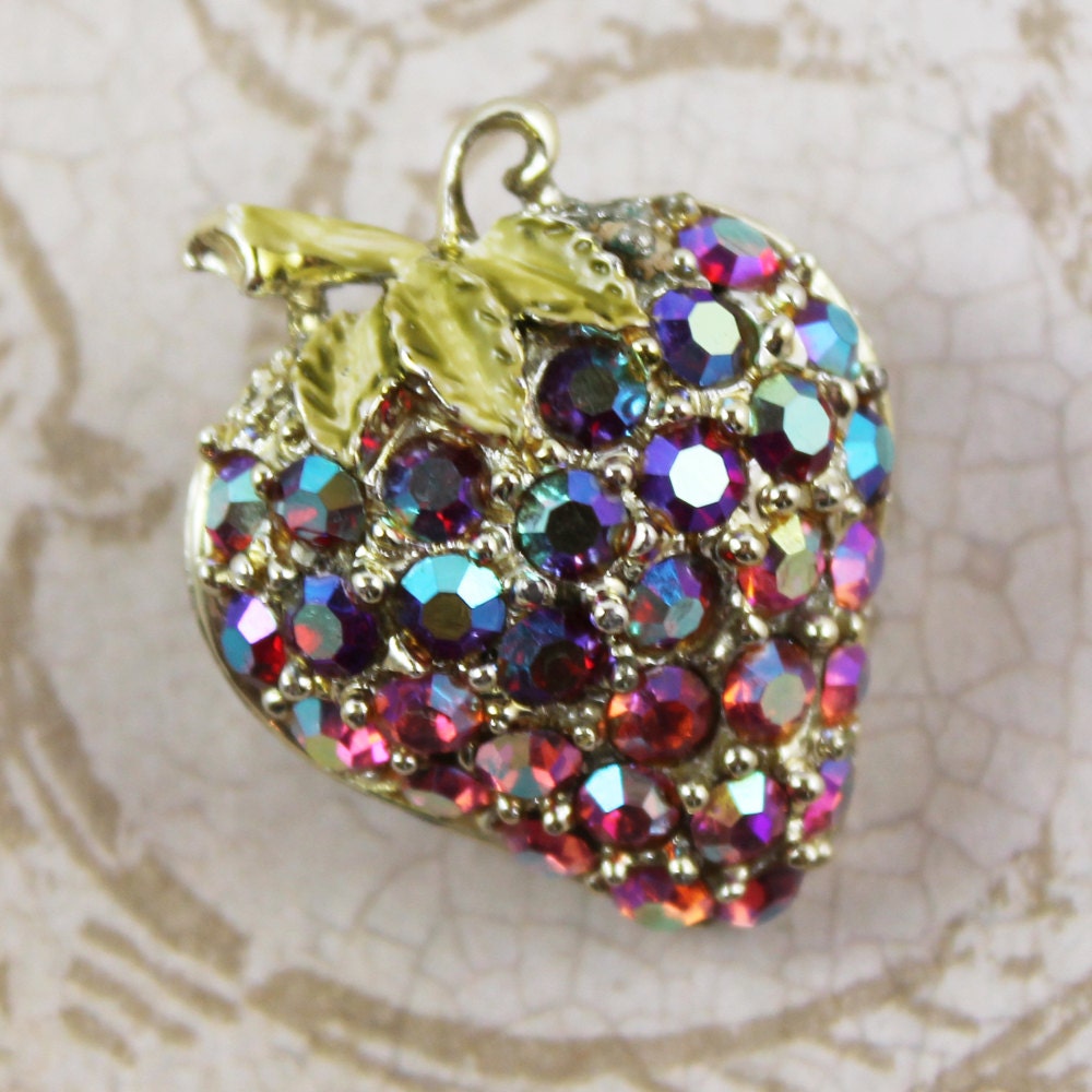 Aurora Borealis Fuschia and Pink Rhinestone Golden Vintage Brooch