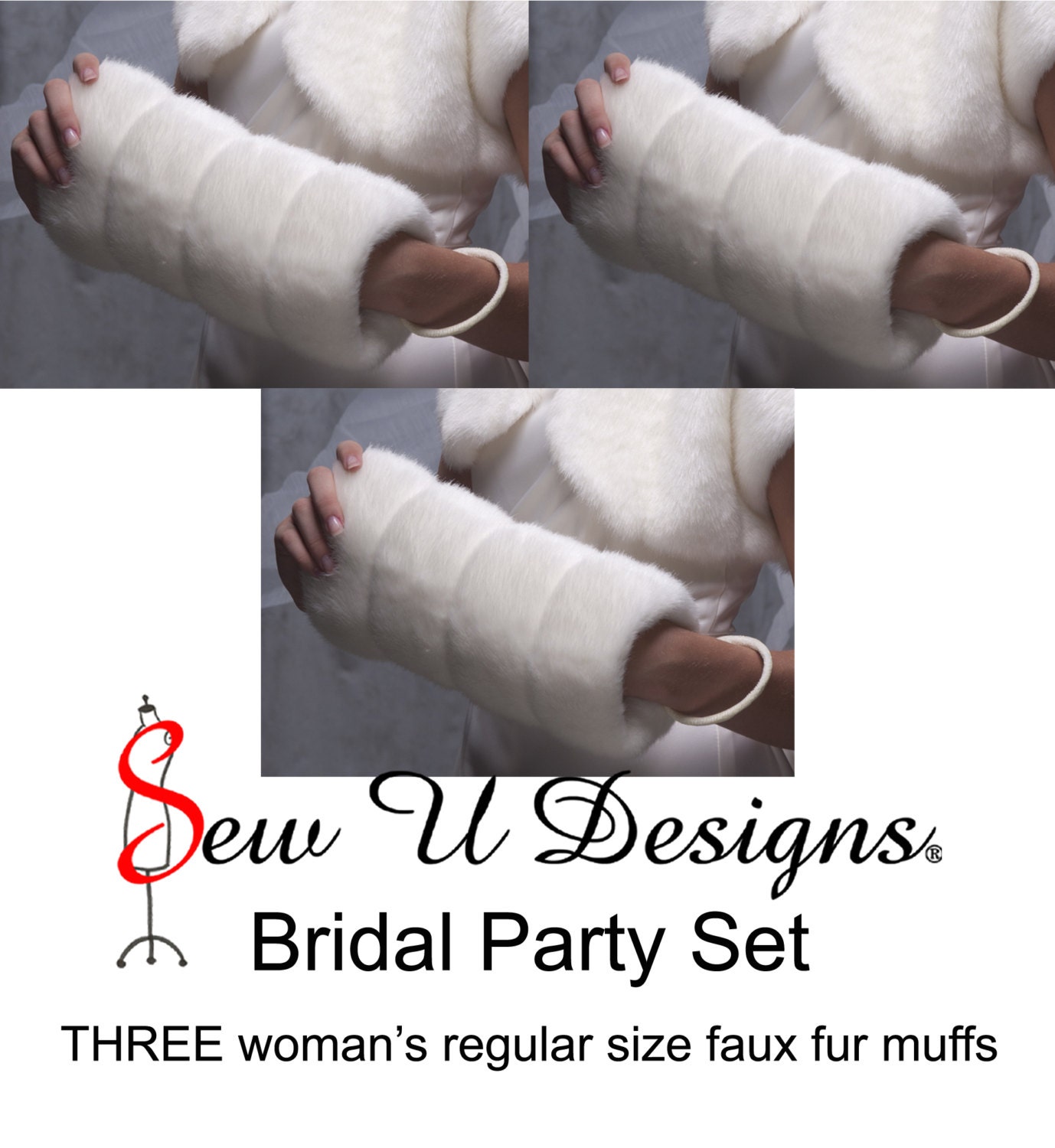 Winter wedding Bridal party set THREE regular size faux fur muffs Available in White, Ivory, Cream or Black grooved faux fur