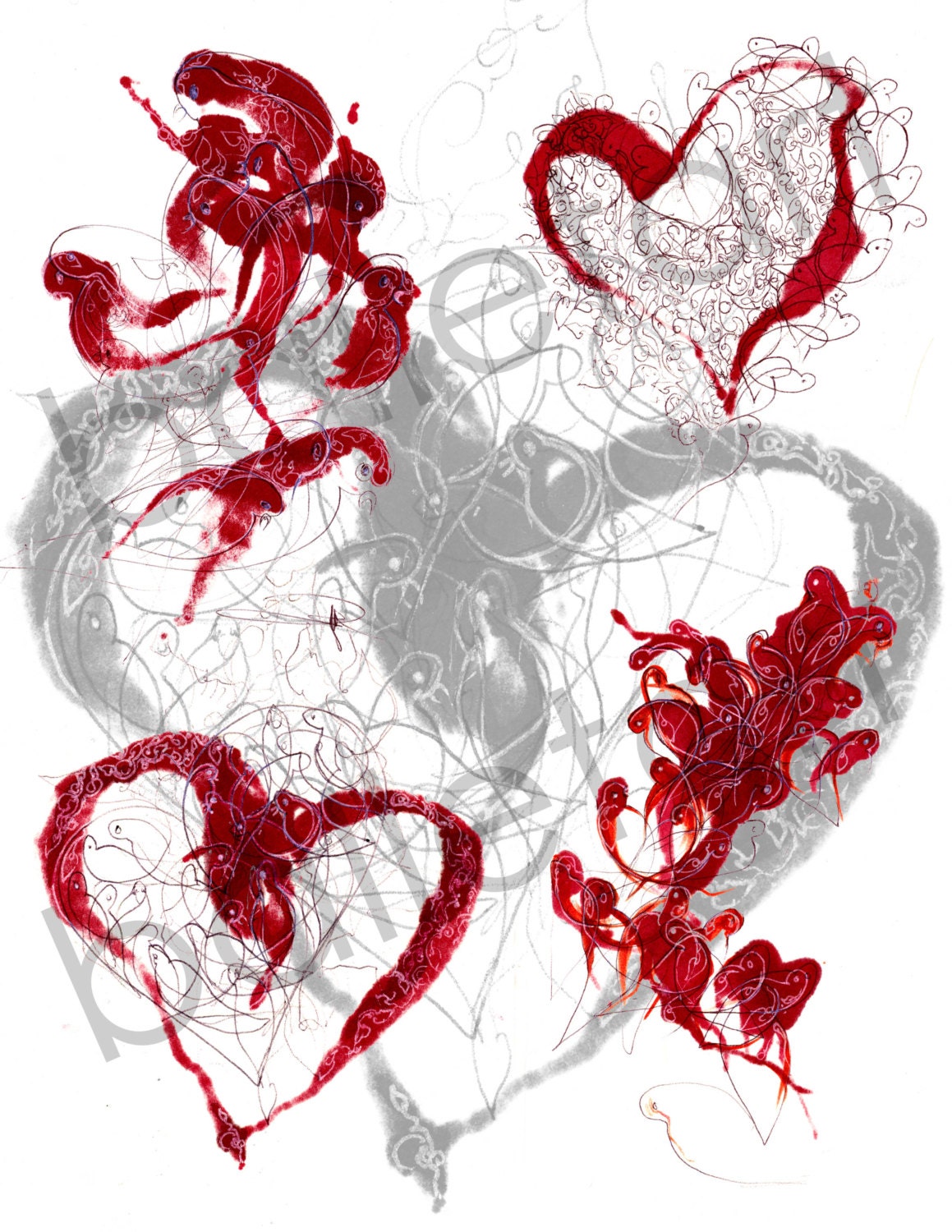 four seasons of love with ruby red and snow white doves and hearts - drawing