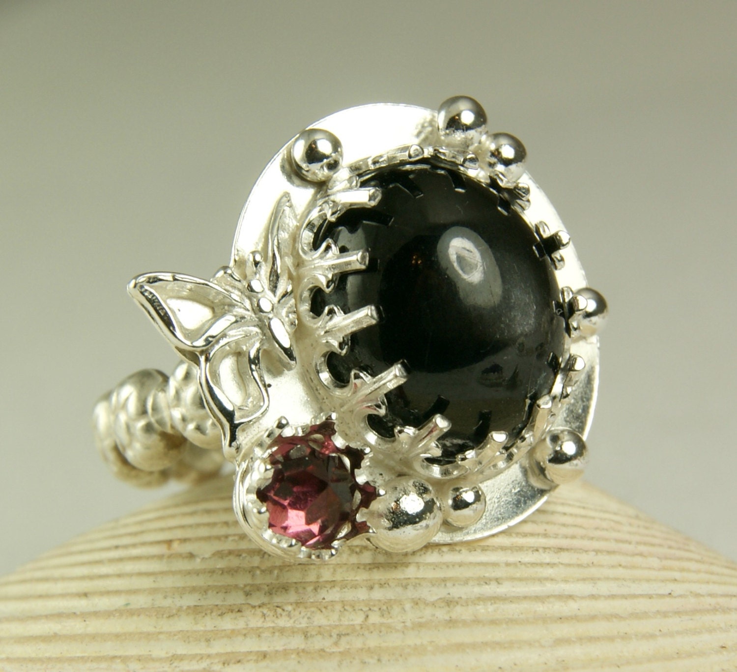 Black Star Enstatite Sterling Silver Ring, Faceted Pink Rhodolite Garnet, Collectors Stone, Handmade, made to order
