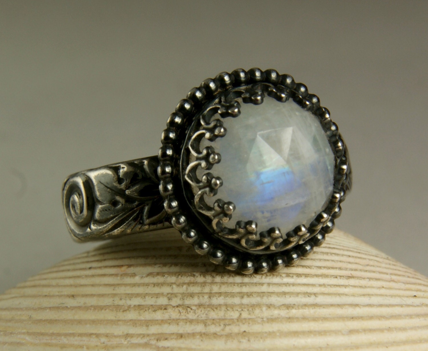 Antiqued Sterling Silver Natural Rainbow Moonstone Ring, Blue Flash, Facetred Stone, Handmade, made to order