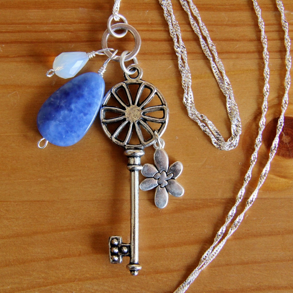 Blue Agate and white bead dangle, skeleton key necklace