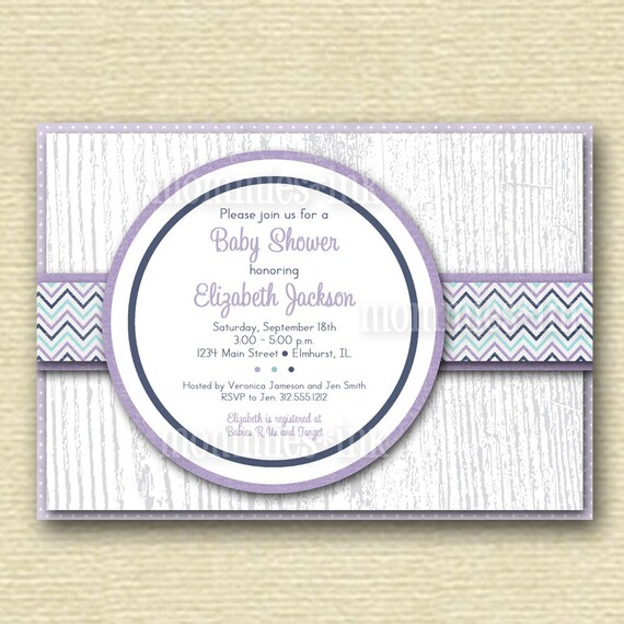 Shabby Chevron and Wood Grain Baby Shower Invite - Blue Lavender Aqua - PRINTABLE INVITATION DESIGN Il_570xn