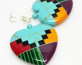 Southwest Intarcia Style Heart Earrings - Southwestern Earrings - Dangle Earrings - Large Heart Earrings