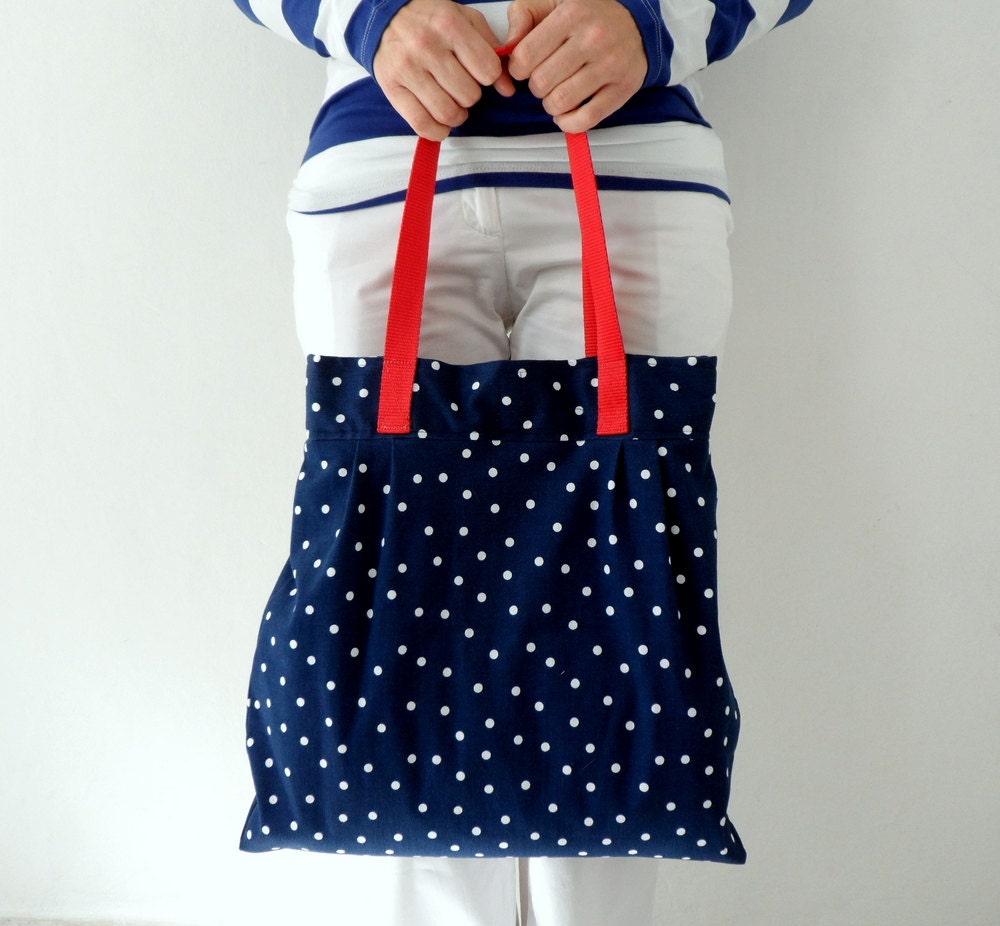 Navy Blue Red Polka Dot  Shoulder Bag, Hobo bag , diaper bag, weekender bag, large  tote