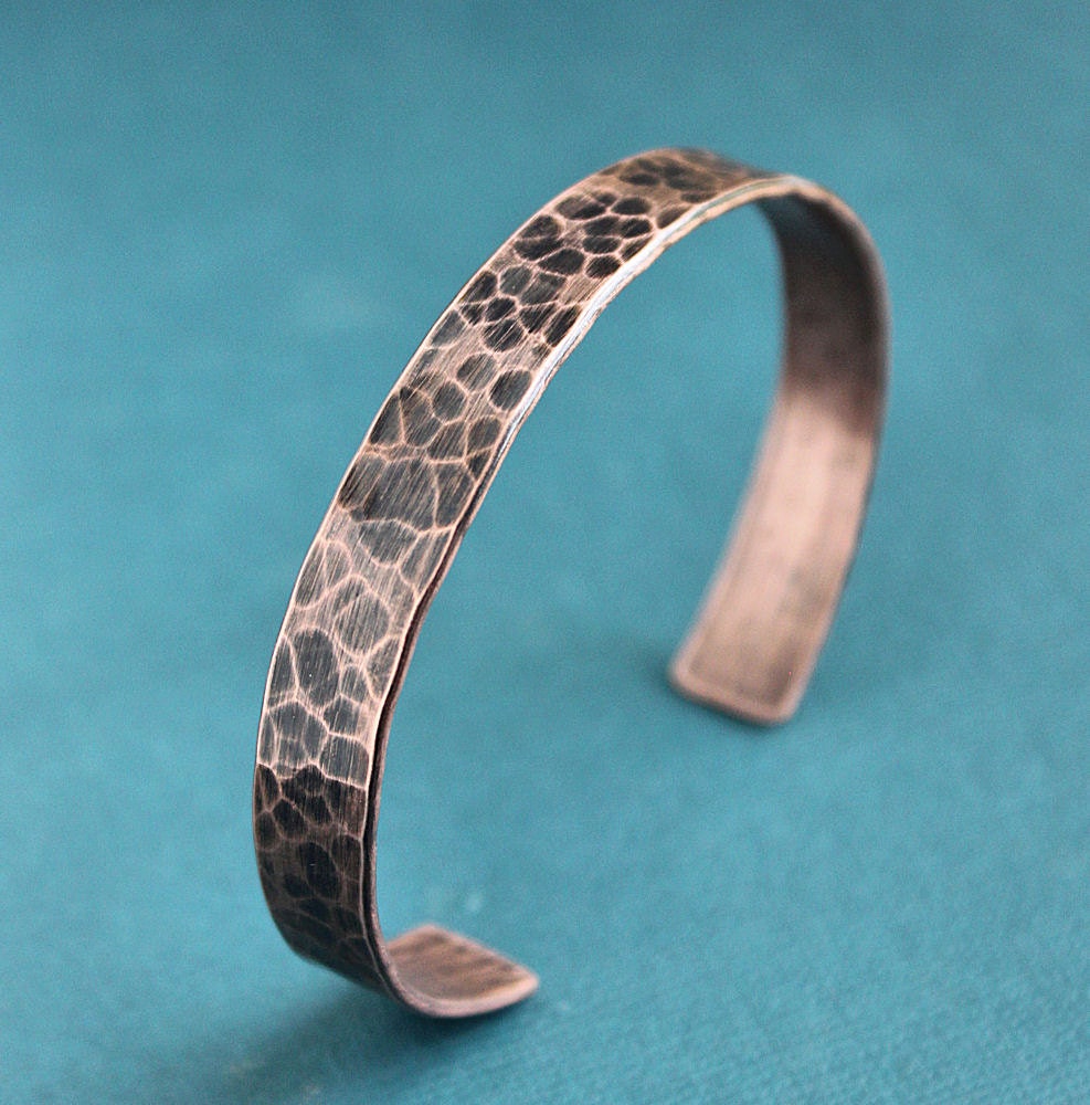 Mens Rustic Copper Cuff Bracelet, Oxidized Hammered Pattern, Adjustable