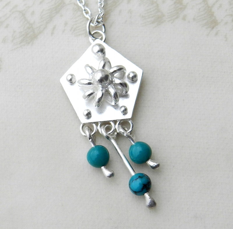 Geometric Necklace. Pentagon Shape Necklace, Sterling Silver with Turquoise Beads Necklace