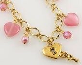 Heart Charm Bracelet in Pink and Gold, Handmade Jewelry