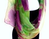 Silk Scarf, Hand Painted Silk Scarf, Violet Flowers In Forest Green, Floral Silk Chiffon Scarf