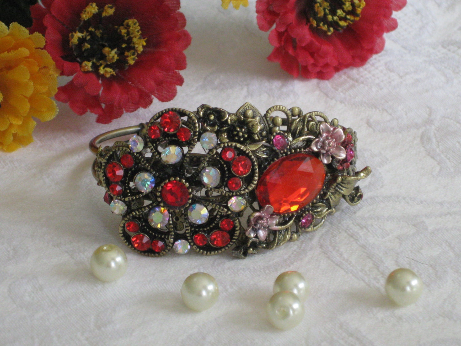 Red Bracelet, Cuff Bracelet, Vintage Inspired, Filigree Bracelet, Upcycled, OOAK, Filigree, Chunky Bracelet, Bracelet Cuff, Flower Bracelet