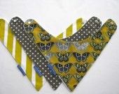 Baby Bibs- 3 Baby Bandana Bibs - Ultimate Dribble Bib in Gray and Mustard Butterflies Stripes and Dots
