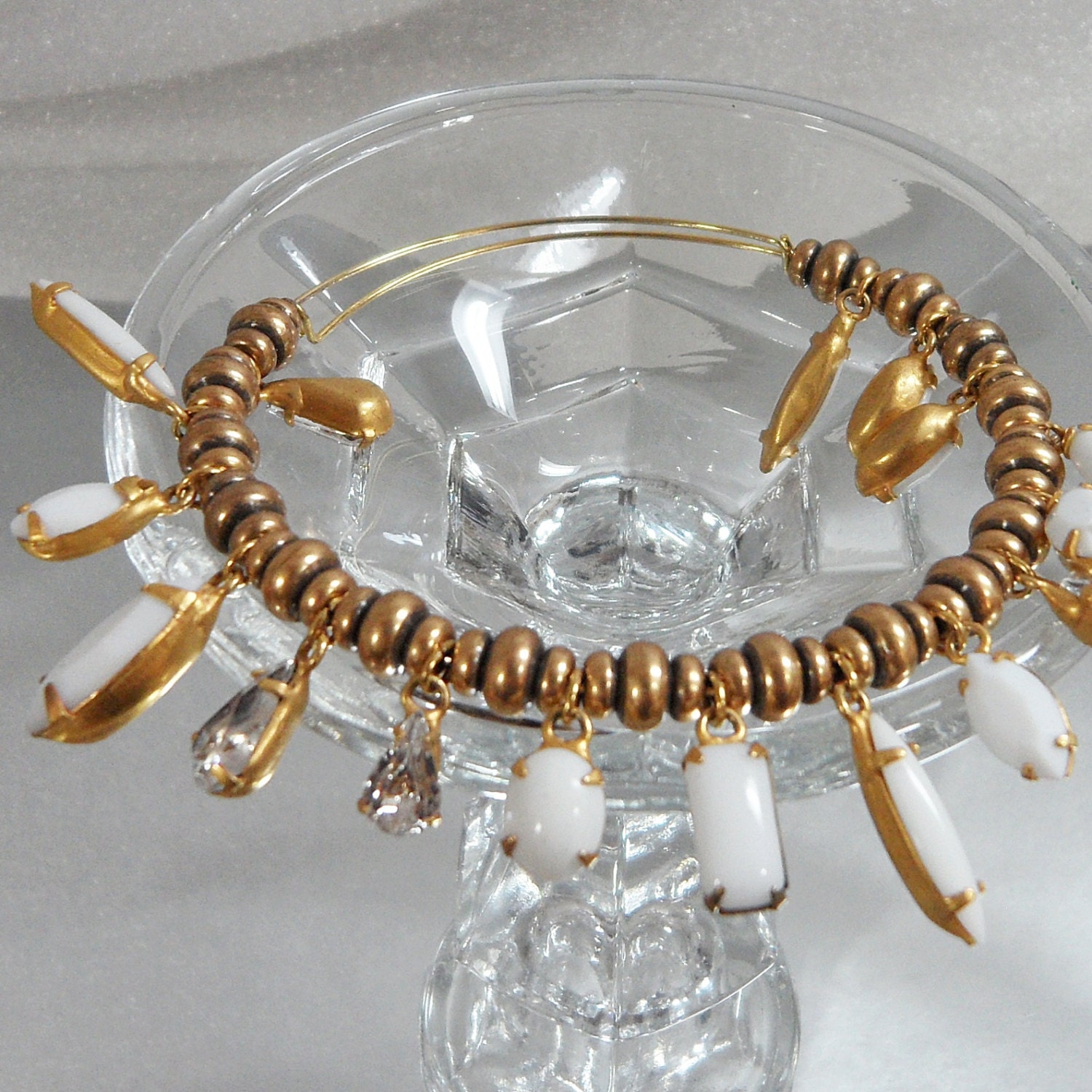 Vintage Milkglass Bracelet.  Clear Rhinestone Milk Glass Dangles. Adjustable.