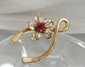 Vintage Wishbone Brooch. Pink Rhinestone. Enamel Flower.