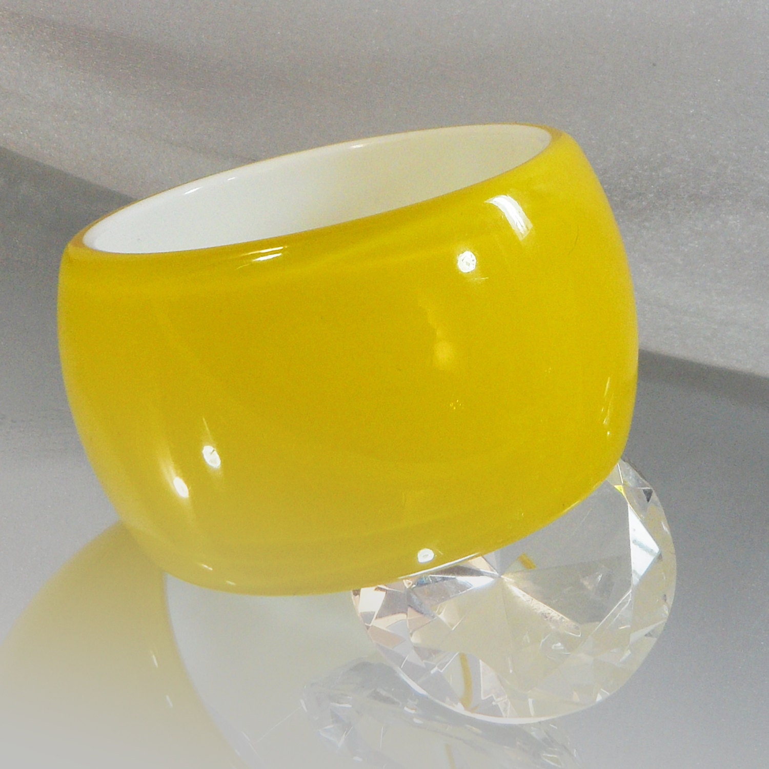 Vintage Lucite Bracelet. Lemon Yellow. White. Wide.