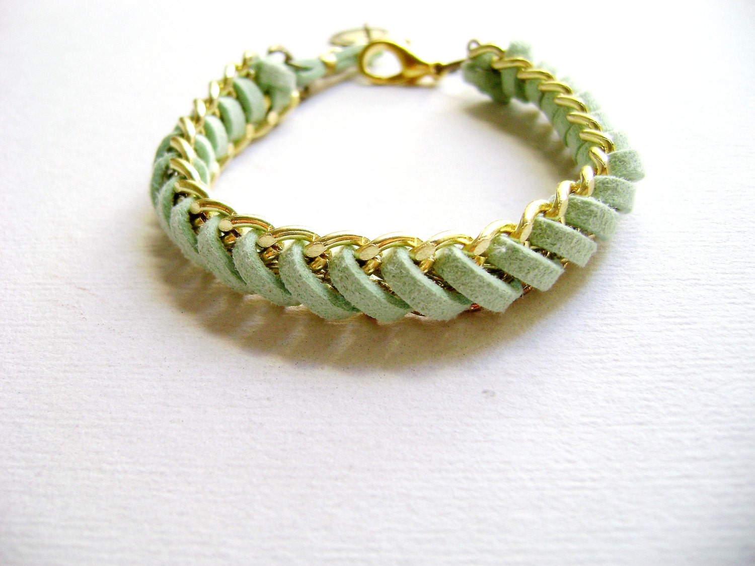 Surreal - trendy pastel mint faux suede leather golden chains bohemian bracelet