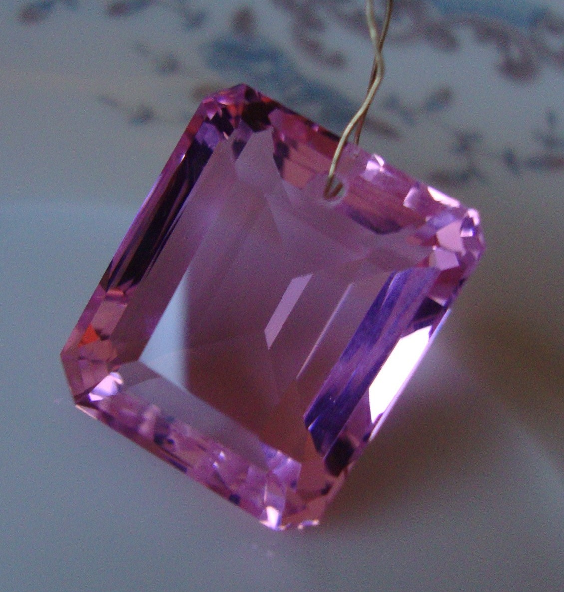 Hot Violet Rosy Pink Lab Kunzite Fancy Emerald Cut with Large Step Facets Focal Briolette  One Piece DRILLED