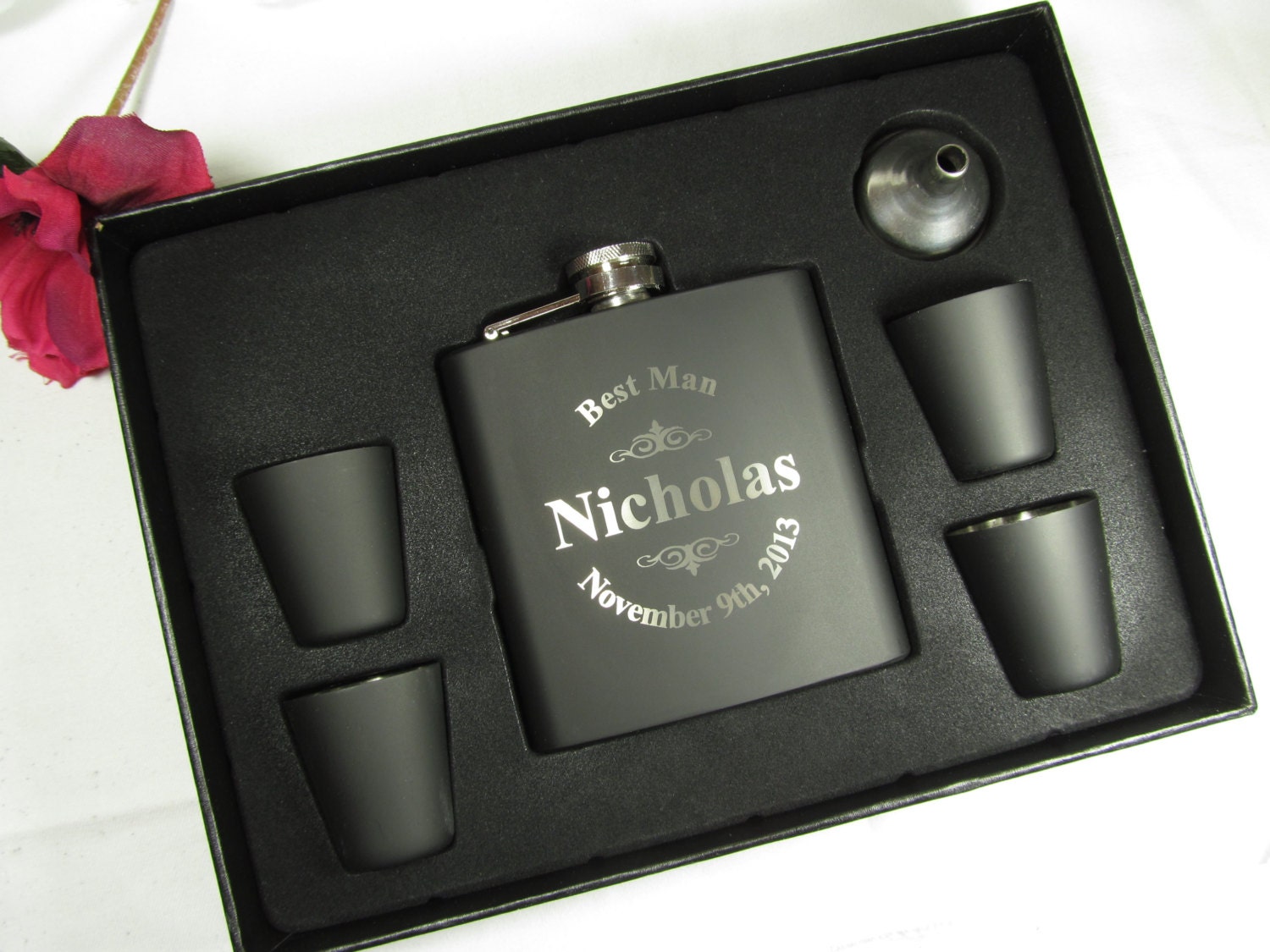 Set of 9 Personalized Flask Gift Set Groomsman Best Man Father of the Bride Engraved Wedding Keepsake Favor