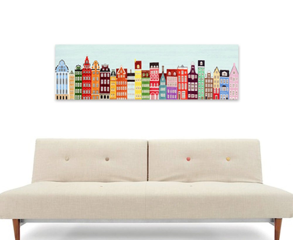 Large 12" x 40" Oversized Ready to Hang Canvas Combined Colorful Northern European Scandinavian Buildings: Copenhagen, Amsterdam, Stockholm