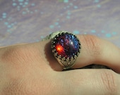 Fire Opal Ring in Sterling Silver ox Crowned Setting adjustable