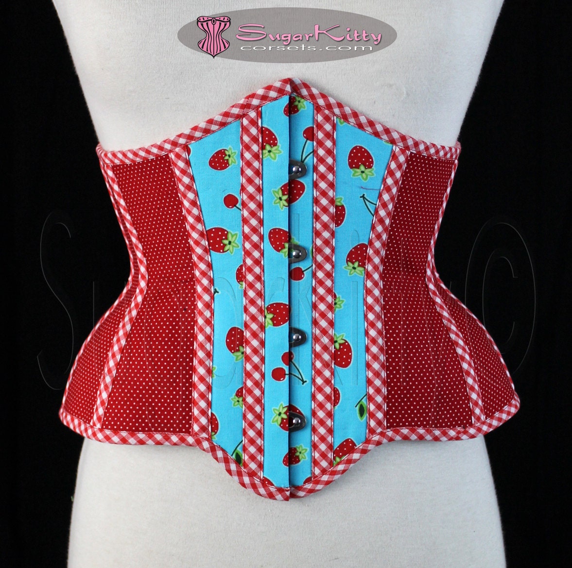Blue & Red Fruit Polka Dot Gingham Underbust Corset Cincher - SugarKitty Corsets