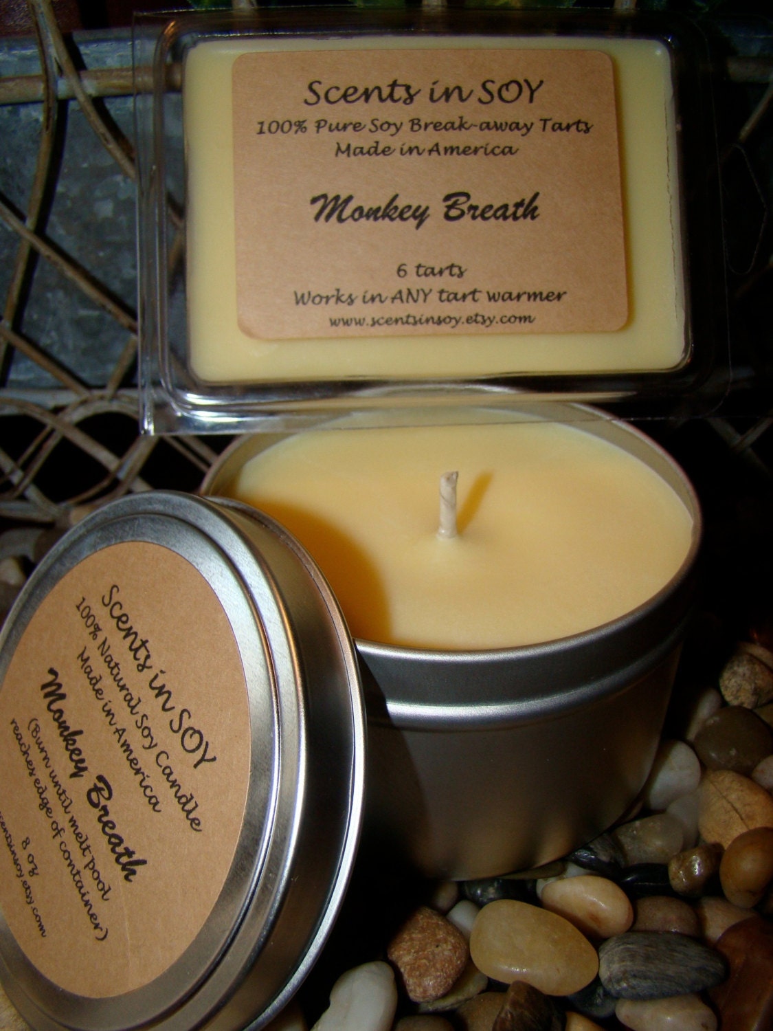 BUY BOTH & SAVE - Monkey Breath - 8 oz Premium Soy Candle Tin and Soy Tarts