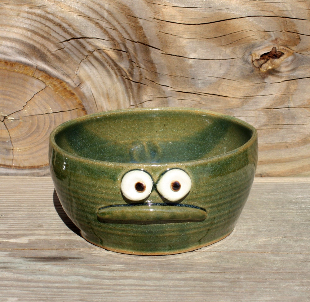 Funny Cereal Bowl,Green Monster Frowning Face, Handmade Pottery Bowl for Kids
