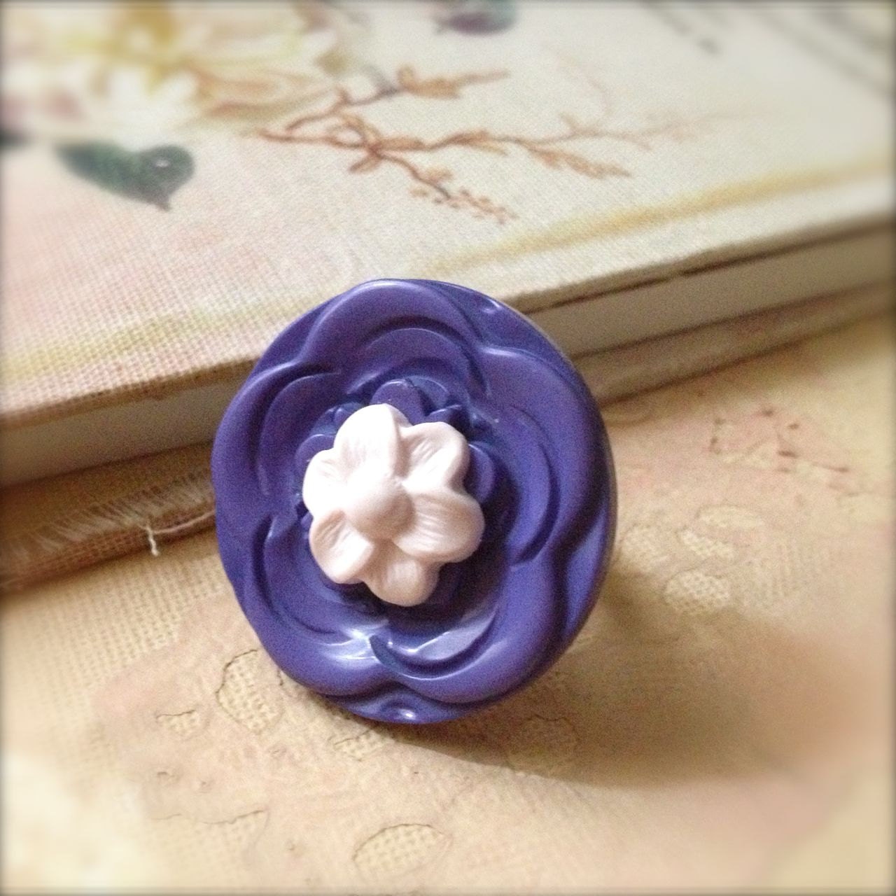 Button Ring Cornflower Blue Flower Adjustable Large Retro Style
