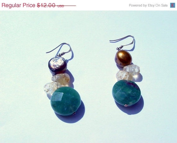 ON SALE Handmade Sterling Silver Earrings, Semi Precious Stone & Freshwater Pearls Pierced Earrings Dangles Blue Bronze