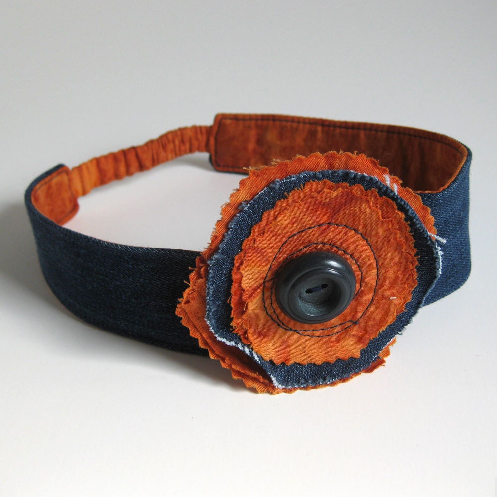 ORANGE HEADBAND - reversible headband - floral headband - recycled headband - BONUS removable hair clip