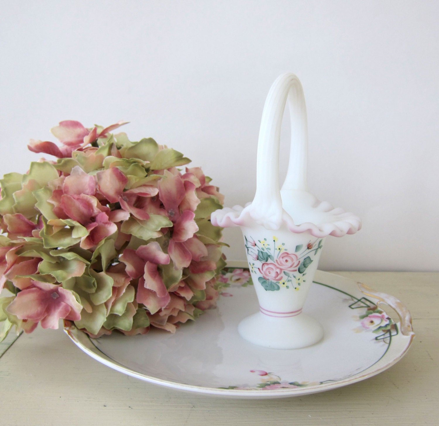 Vintage Fenton Art Glass Basket Hand Painted with Pink Roses Cottage Chic Shabby Chic