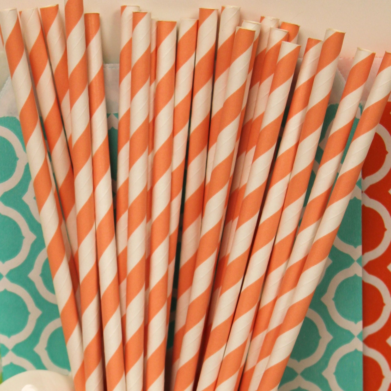 CORAL REEF Paper Straws, 25 Coral Orange Paper Drinking Straws with Diy flags, Party Straws, Weddings, Vintage, Retro Paper Straws