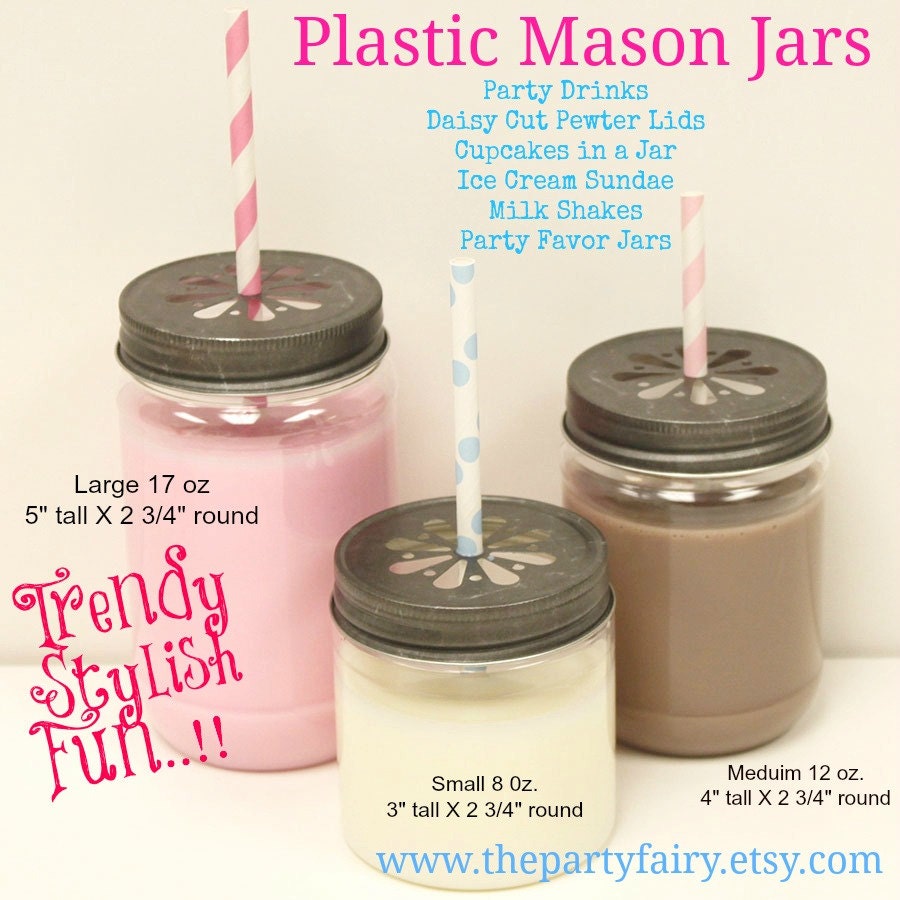 8 oz. PLASTIC Mason Jars w/ Pewter Daisy Cut Lids, Dessert Jar, Party Favor Jars , 10 Plastic UNBREAKABLE Mason Jar Tumbler