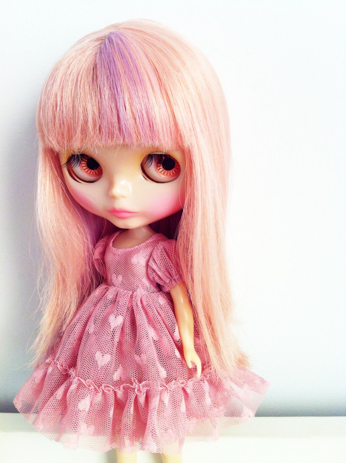 Blythe Pale pink hearts short sleeves ruffle lace dress