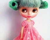 Blythe Old Rose pink hearts short sleeves ruffle lace dress