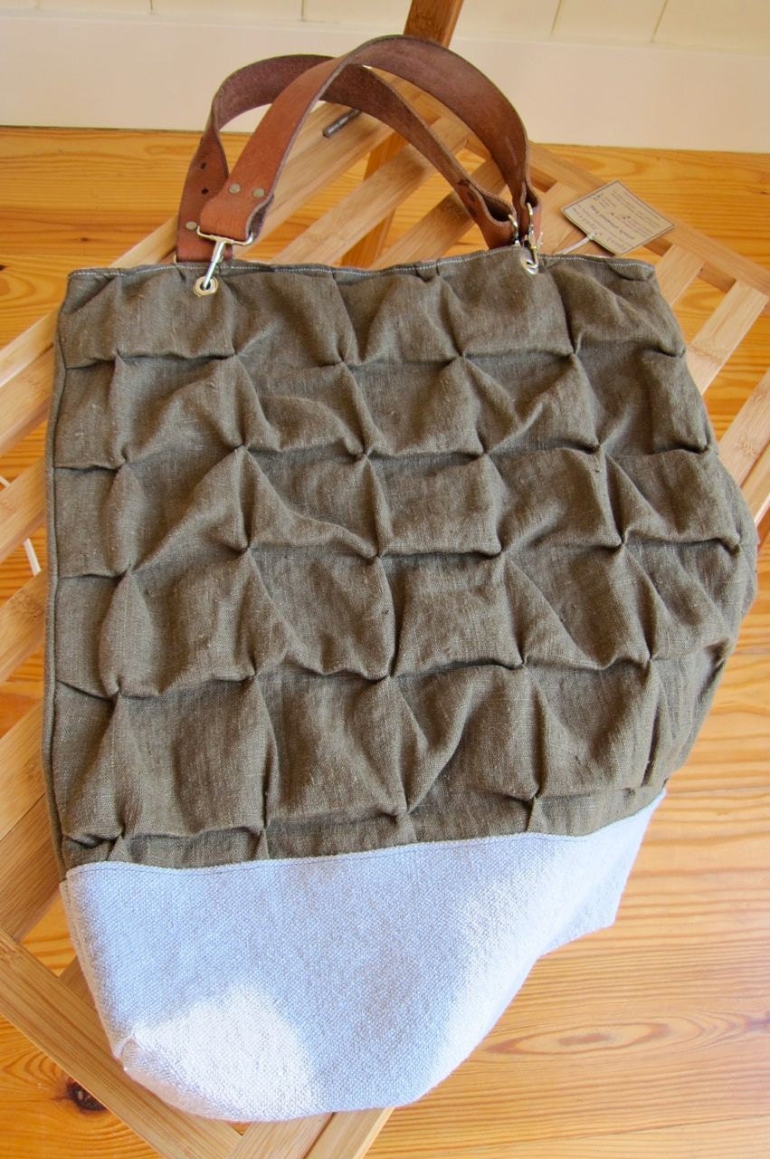 pinch pleated linen bag tote (olive linen, grey hemp organic cotton & brown leather) SALE