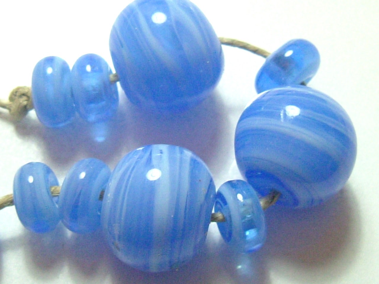 Laguna blue streaky lampwork hollow glass bead set SRA P97