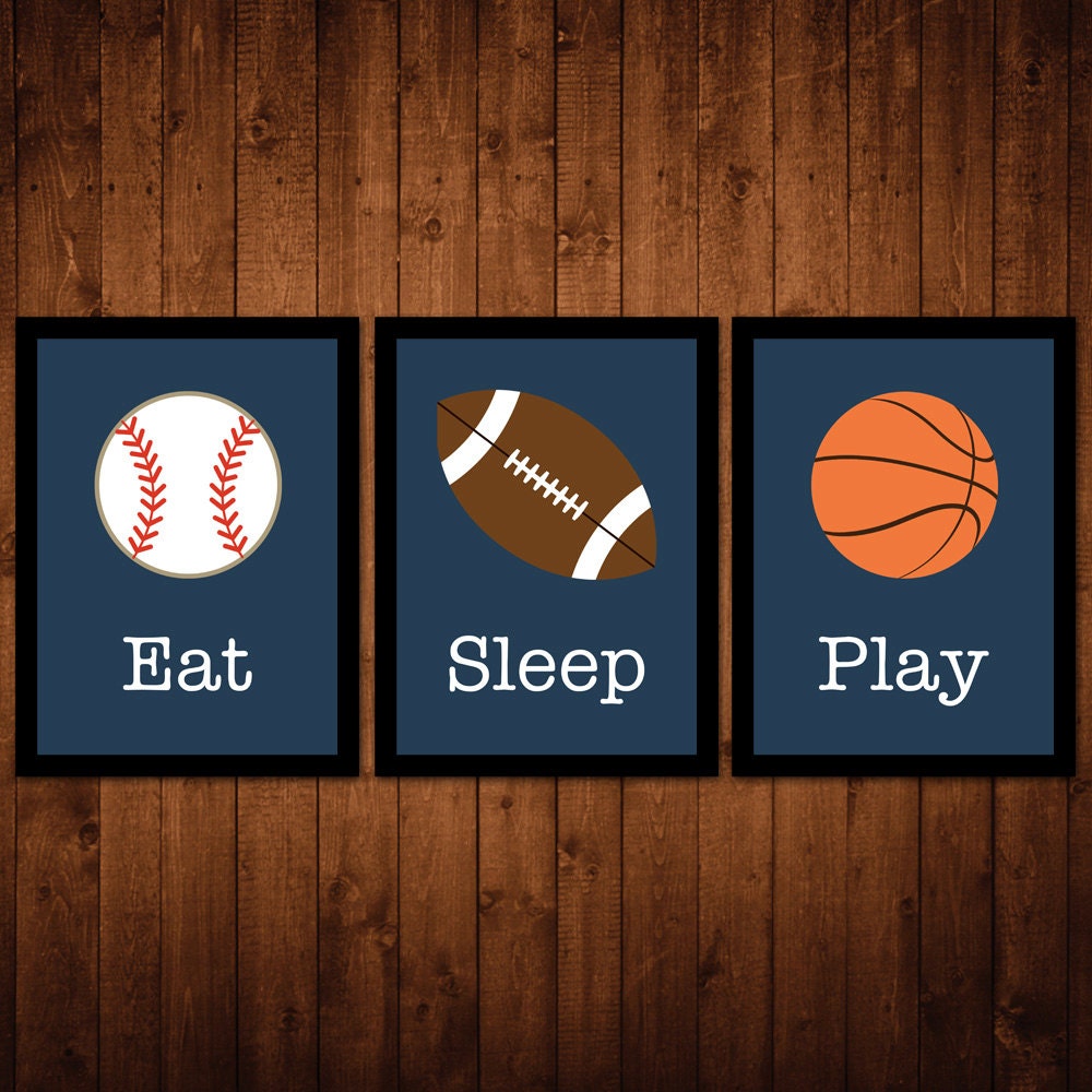 8x10 "Eat Sleep Play" Sports Wall Art Package - Set of 3 - baseball, football, basketball - blue