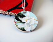 Recycled Skateboard Wood Disc Necklace with Royal Purple and White Tropical Flower Floral Print