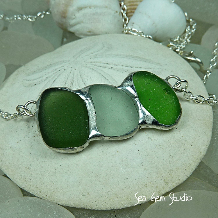 Tri Sea Glass Necklace, sea glass jewelry, beach wedding, nautical jewelry, beach glass