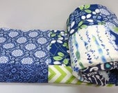 Baby Quilt, Modern Baby Crib Quilt, Chevron, Lime Green, Blue Denim, and Navy