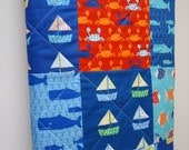 Baby Quilt, Baby Boy Quilt, Nautical, Sail Boats, Fish, Whales, Crabs, Don't be Crabby, Blue, Orange, Red, Green, Baby Blanket
