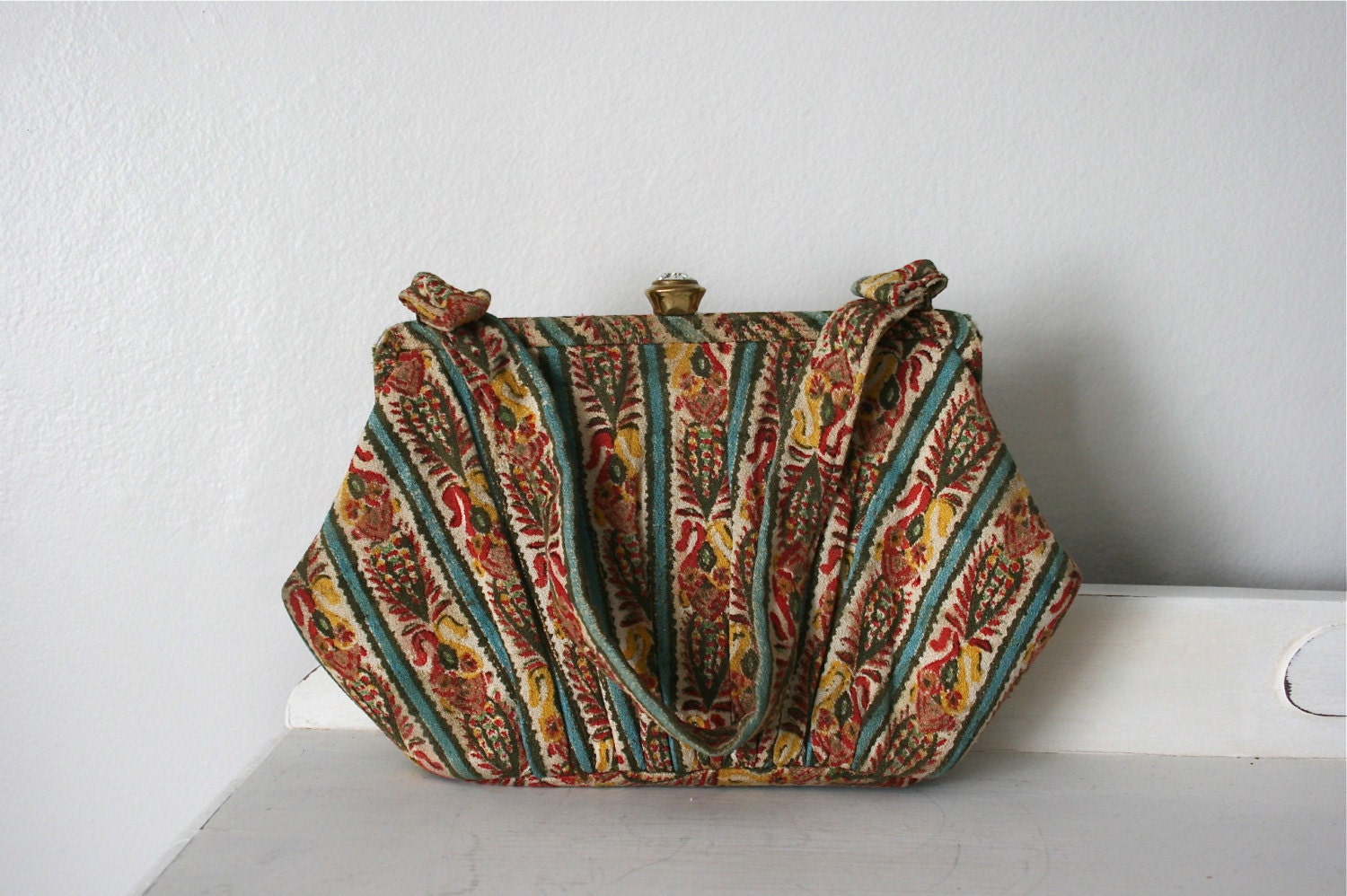 Vintage 1940s Aqua Stripes Tapestry Purse