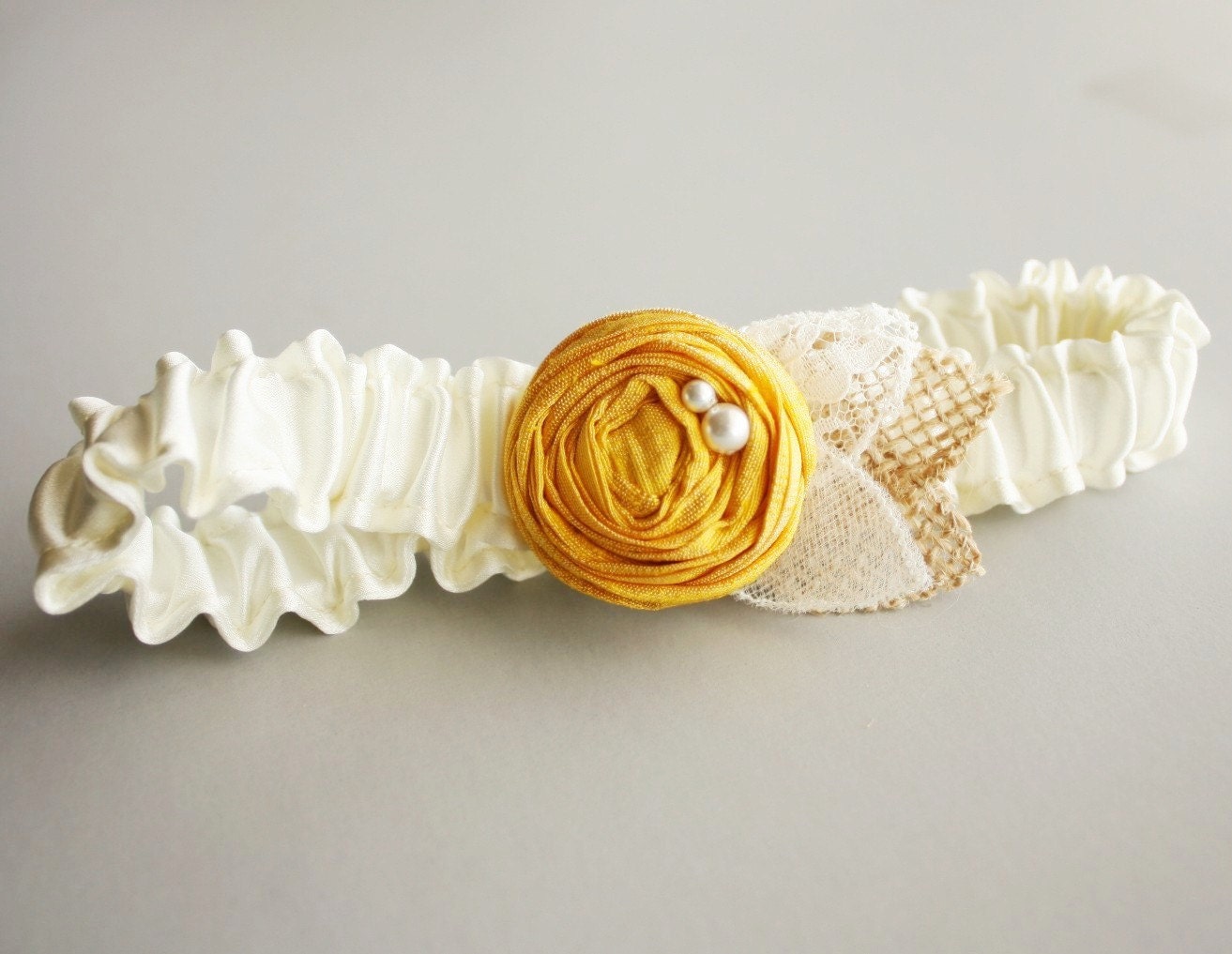 Bridal Garter SET - Silk, Burlap, & Lace - Ivory, Yellow (Other Colors Available) - the Rosalie Wedding Garter with Toss Garter