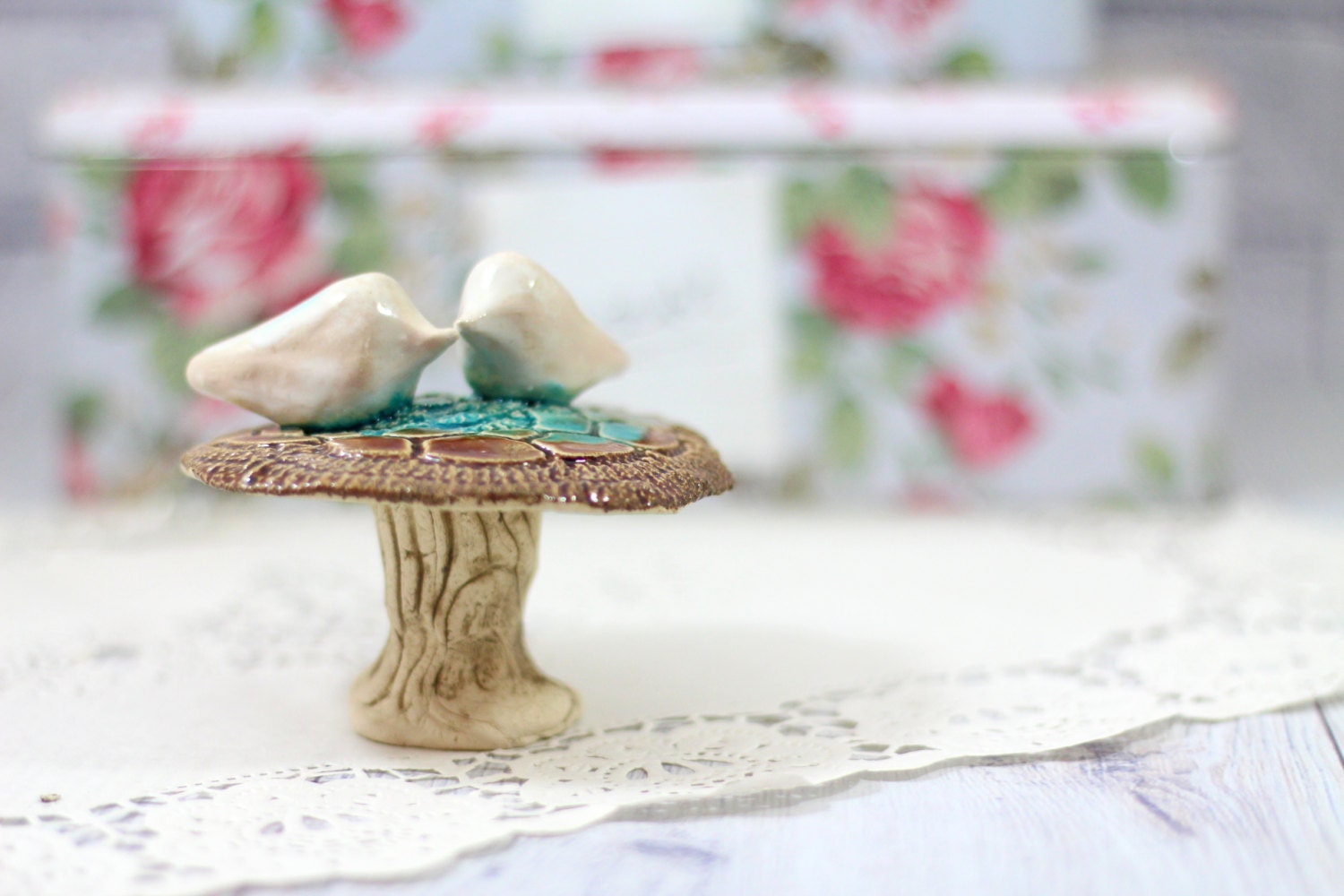 Cake topper A pair of love birds on a mushroom Fantasy cake topper Birds wedding cake topper Romantic cake topper