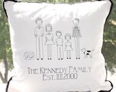 Family Portrait Personalized Pillow Cover 16" x 16" Natural Cotton Fabric with Black Embroidery and Black Piping